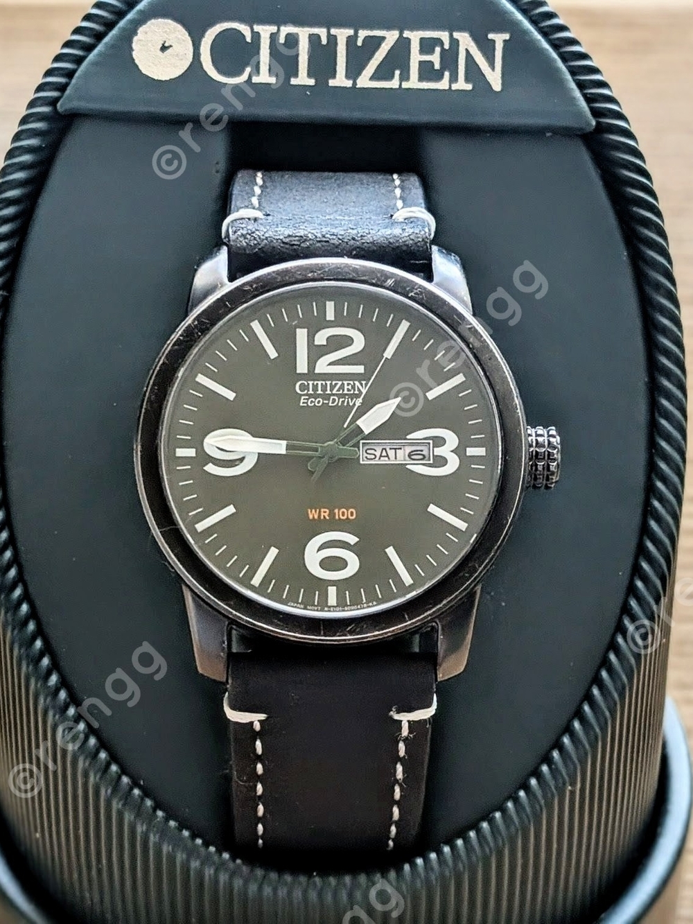 42mm Green Citizen Eco-Drive Men's Black Leather Strap Watch Sapphire Crystal